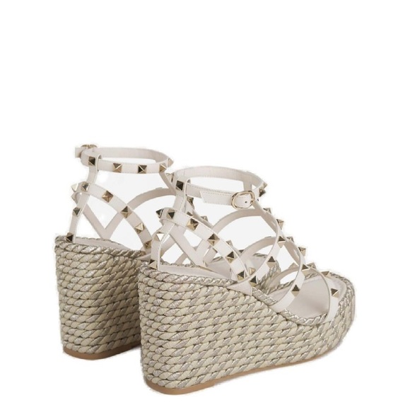 Valentino Garavani Rockstud Caged 95 Rope and Leather Wedge Sandal